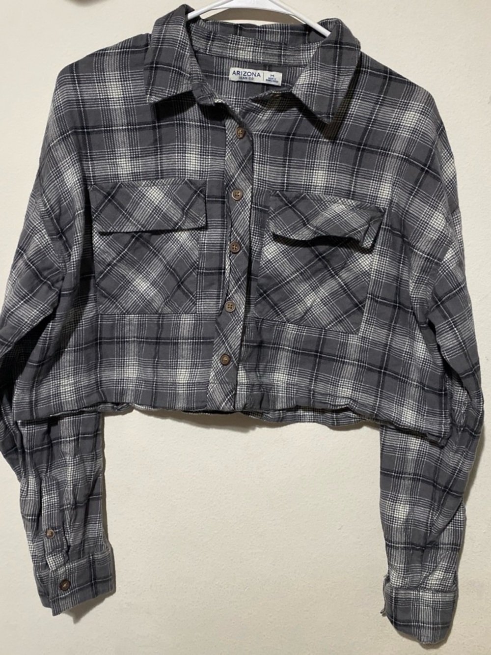 Arizona Jean Company Black and Gray Plaid Cropped Button-Down Shirt